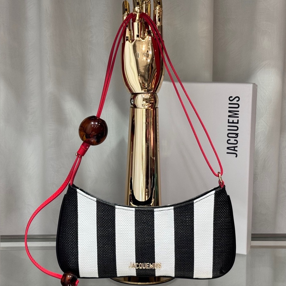 Jacquemus Black and White Striped Bag withRed Strap